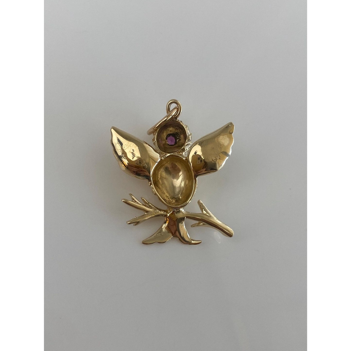 Vintage Solid 14k Yellow Gold Pink Sapphire Bird Branch Charm