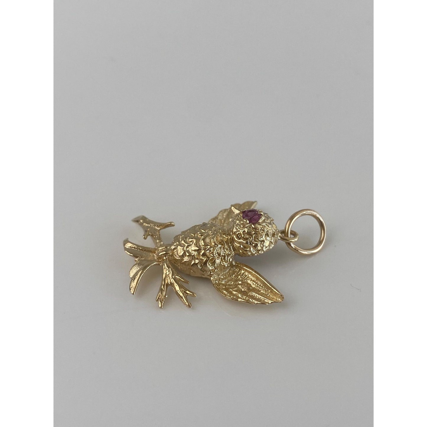 Vintage Solid 14k Yellow Gold Pink Sapphire Bird Branch Charm
