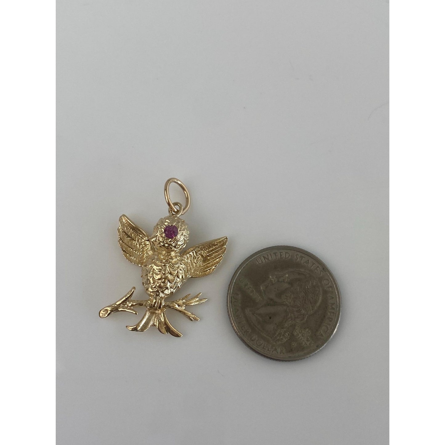 Vintage Solid 14k Yellow Gold Pink Sapphire Bird Branch Charm