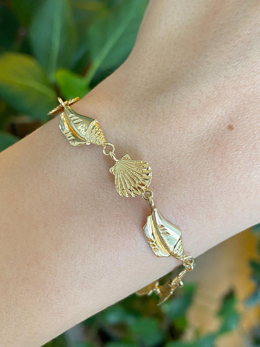 Vintage 10k Yellow Gold Seashell Link Bracelet - 7.5 inches