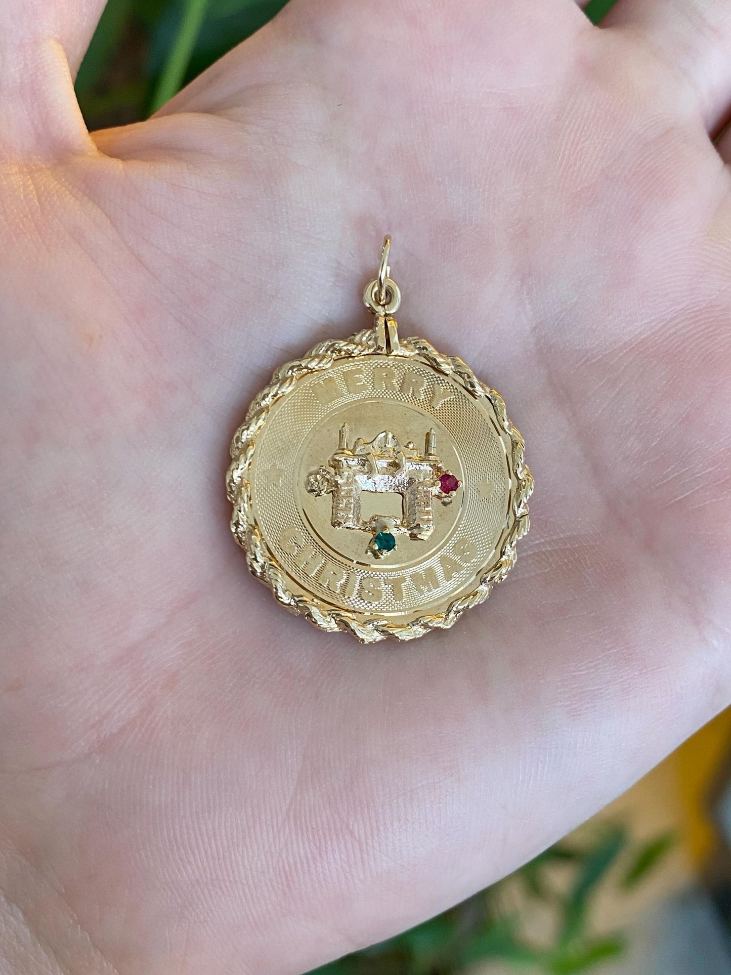 Vintage Solid 14k Yellow Gold Pink & Green Cubic Zirconia Merry Christmas Charm