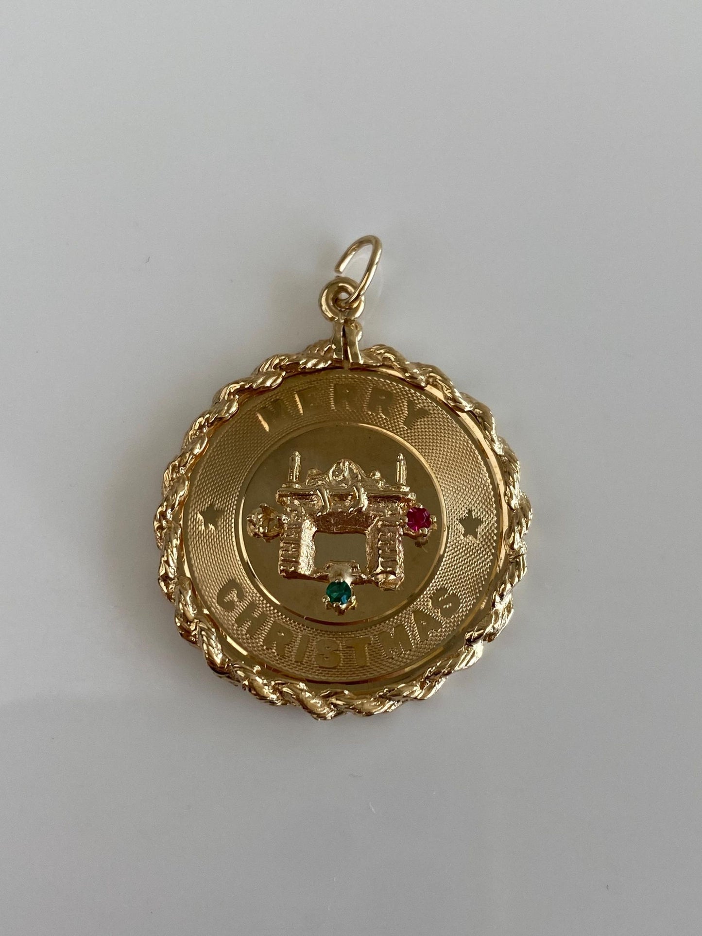 Vintage Solid 14k Yellow Gold Pink & Green Cubic Zirconia Merry Christmas Charm