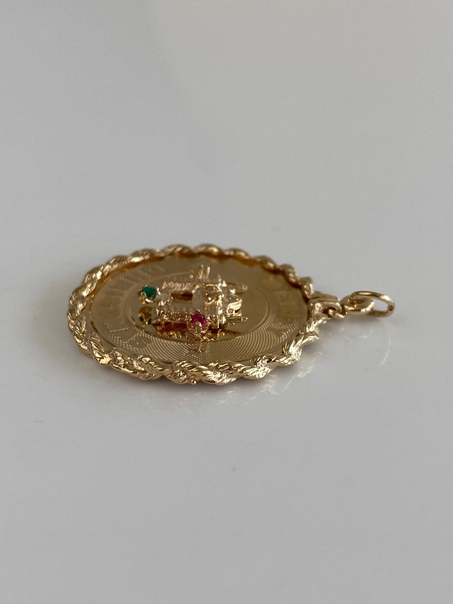 Vintage Solid 14k Yellow Gold Pink & Green Cubic Zirconia Merry Christmas Charm