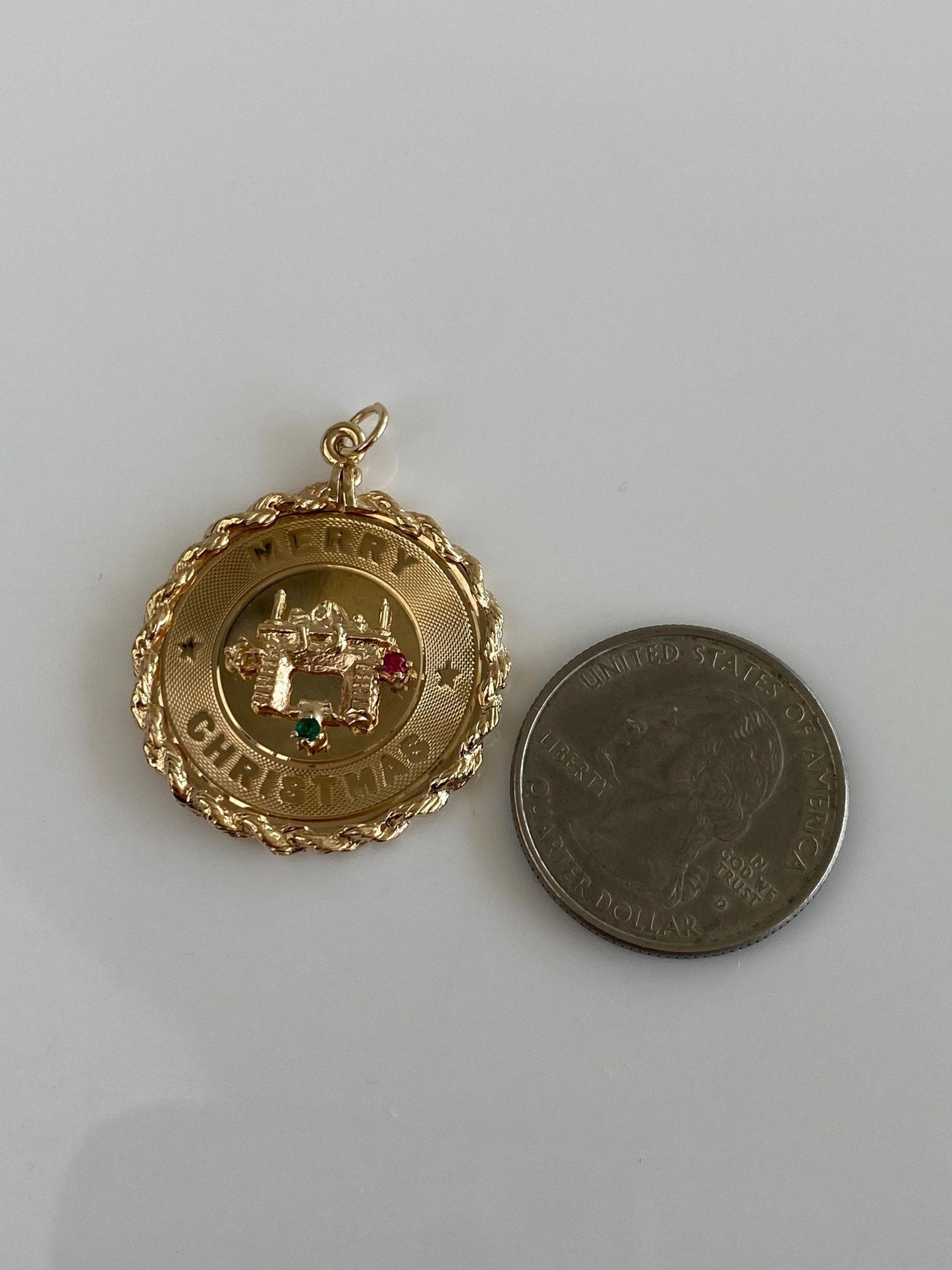 Vintage Solid 14k Yellow Gold Pink & Green Cubic Zirconia Merry Christmas Charm