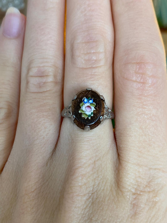 Vintage Solid 18k White Gold Hand Painted Flower Gold Stone Art Deco Ring - Size 5.75