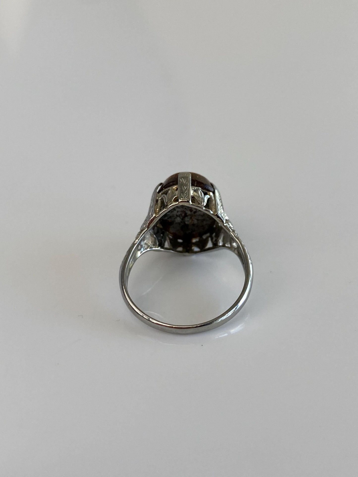 Vintage Solid 18k White Gold Hand Painted Flower Gold Stone Art Deco Ring - Size 5.75