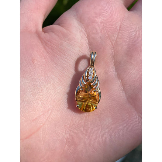Vintage Solid 14k Yellow Gold Citrine Diamond Charm