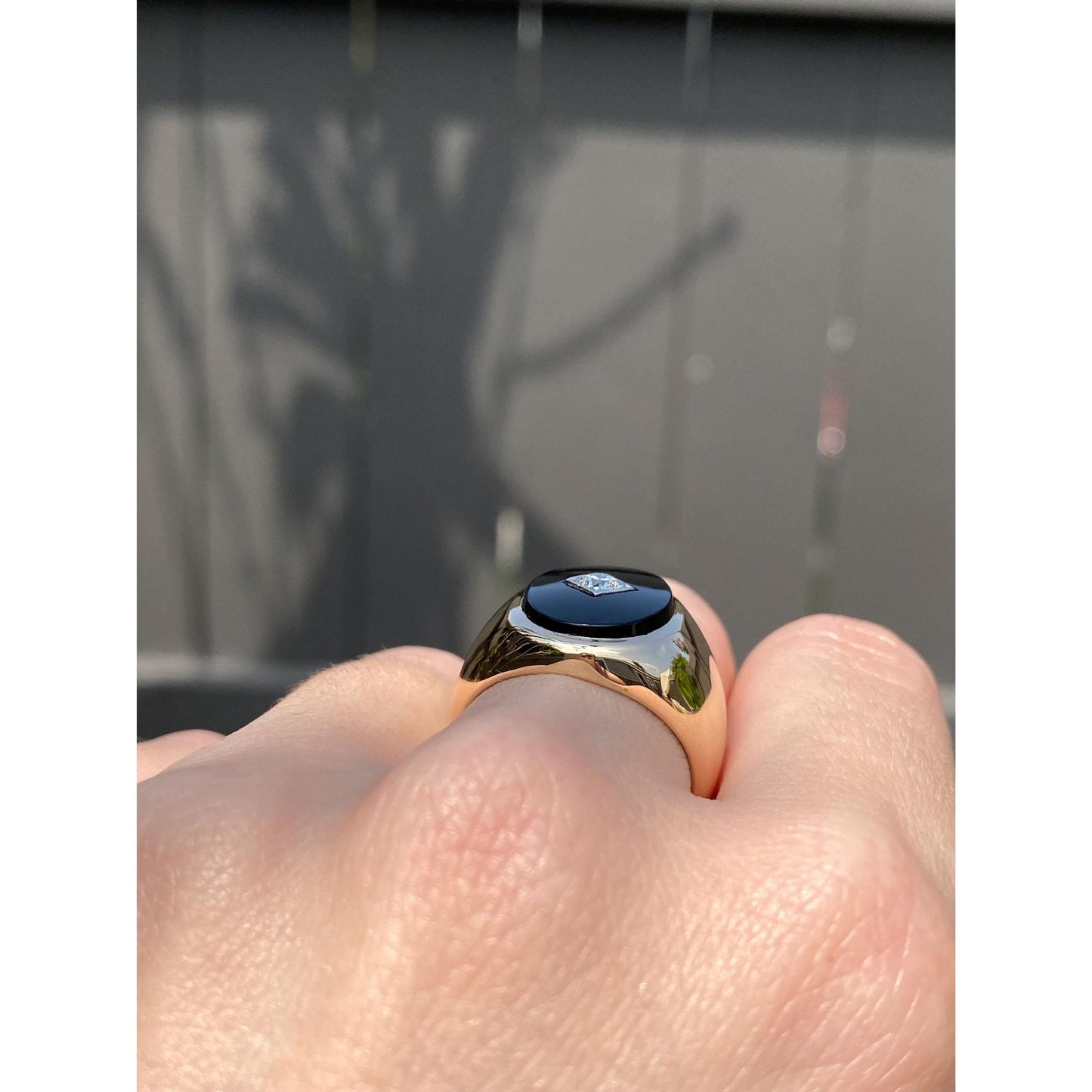 Vintage Solid 14k Yellow Gold Diamond Onyx Signet Ring - Size 7.75