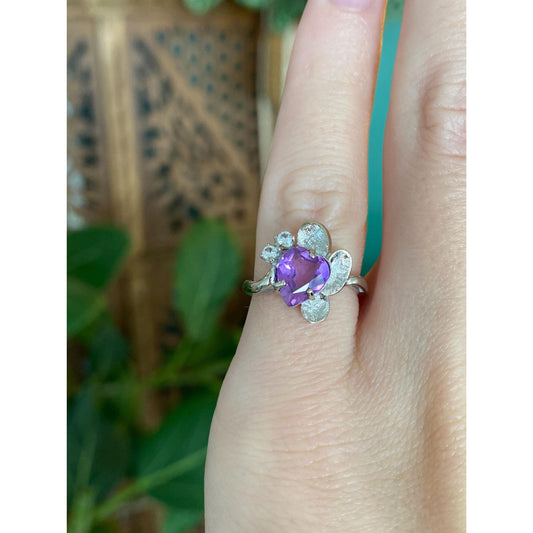 Vintage Solid 14k White Gold Purple Sapphire Clear Quartz Ring - Size 3.75
