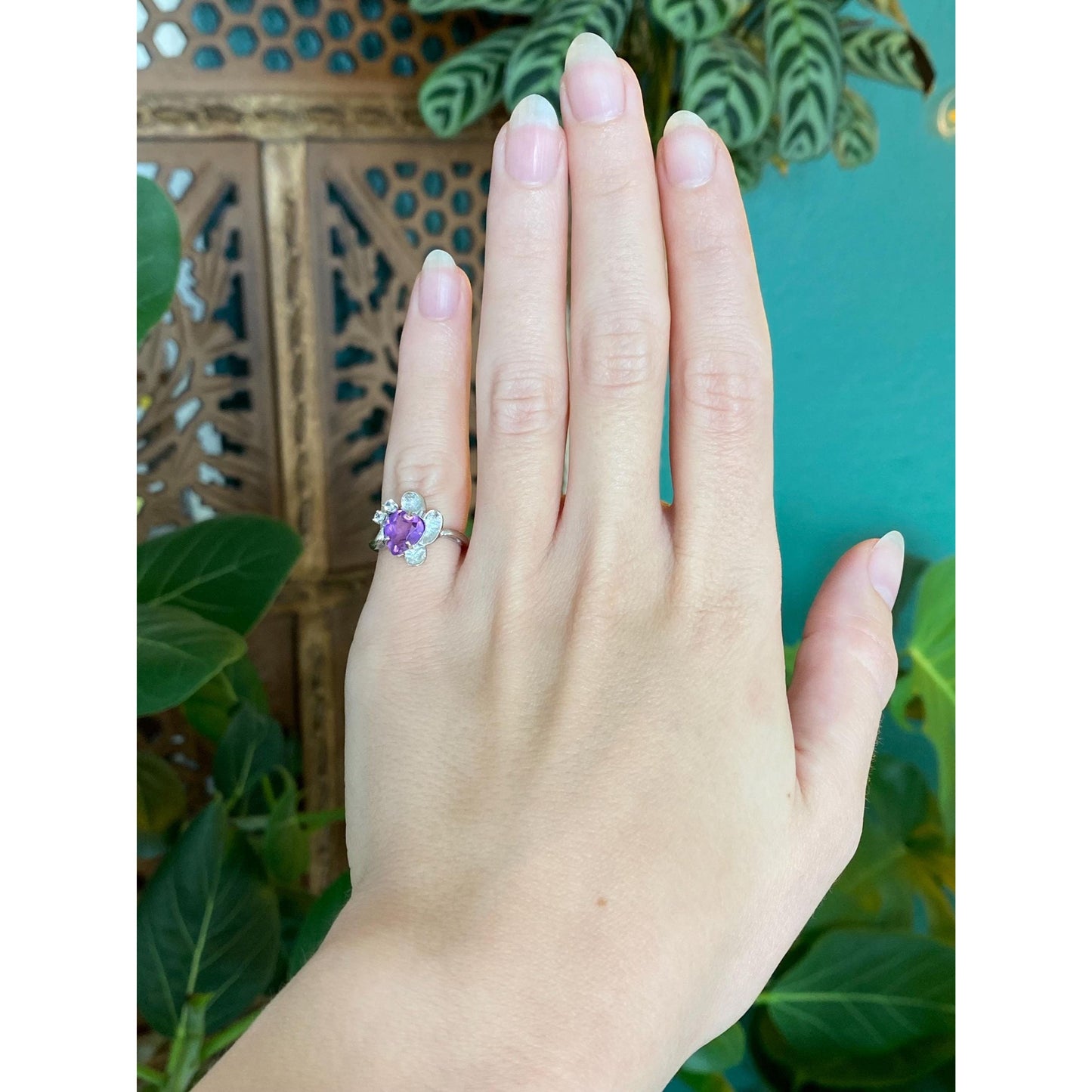 Vintage Solid 14k White Gold Purple Sapphire Clear Quartz Ring - Size 3.75