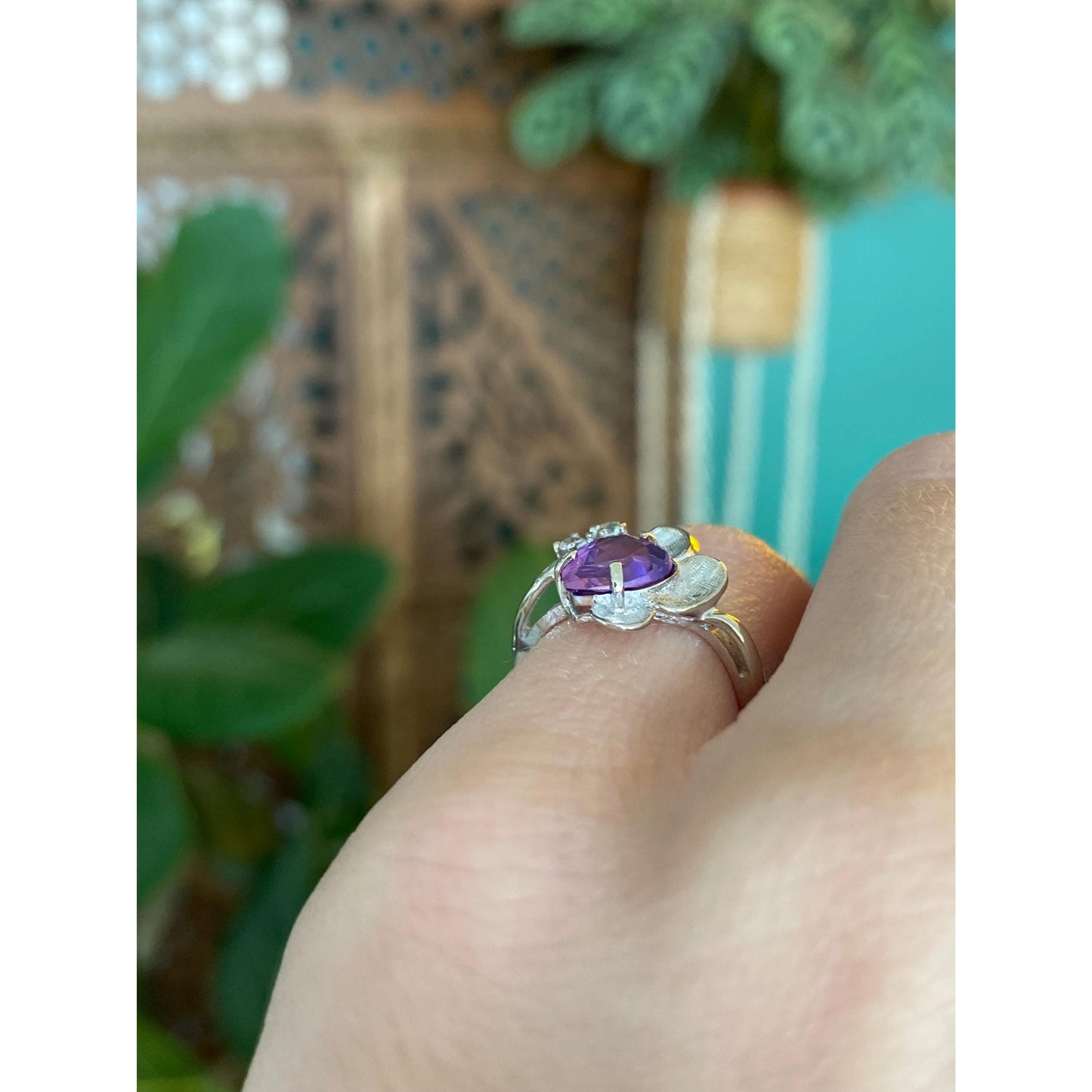 Vintage Solid 14k White Gold Purple Sapphire Clear Quartz Ring - Size 3.75