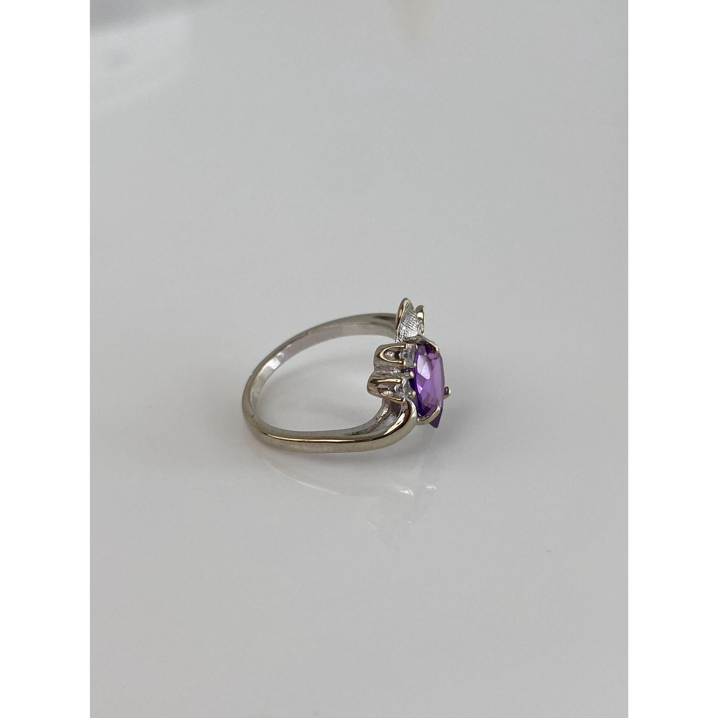 Vintage Solid 14k White Gold Purple Sapphire Clear Quartz Ring - Size 3.75