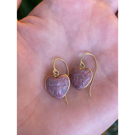 Solid 14k Yellow Gold Rhodolite Carved Scarab Heart Dangle Earrings