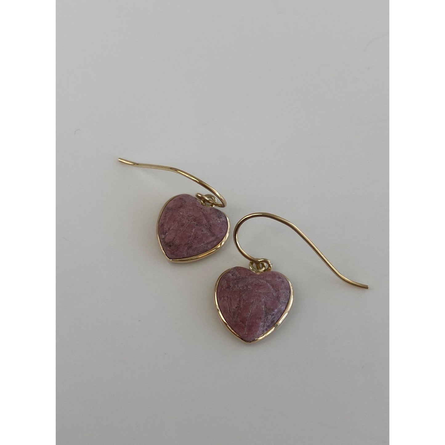 Solid 14k Yellow Gold Rhodolite Carved Scarab Heart Dangle Earrings
