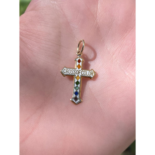 Vintage Solid 10k Yellow Gold Enamel 'Cross of Color' Cross Charm
