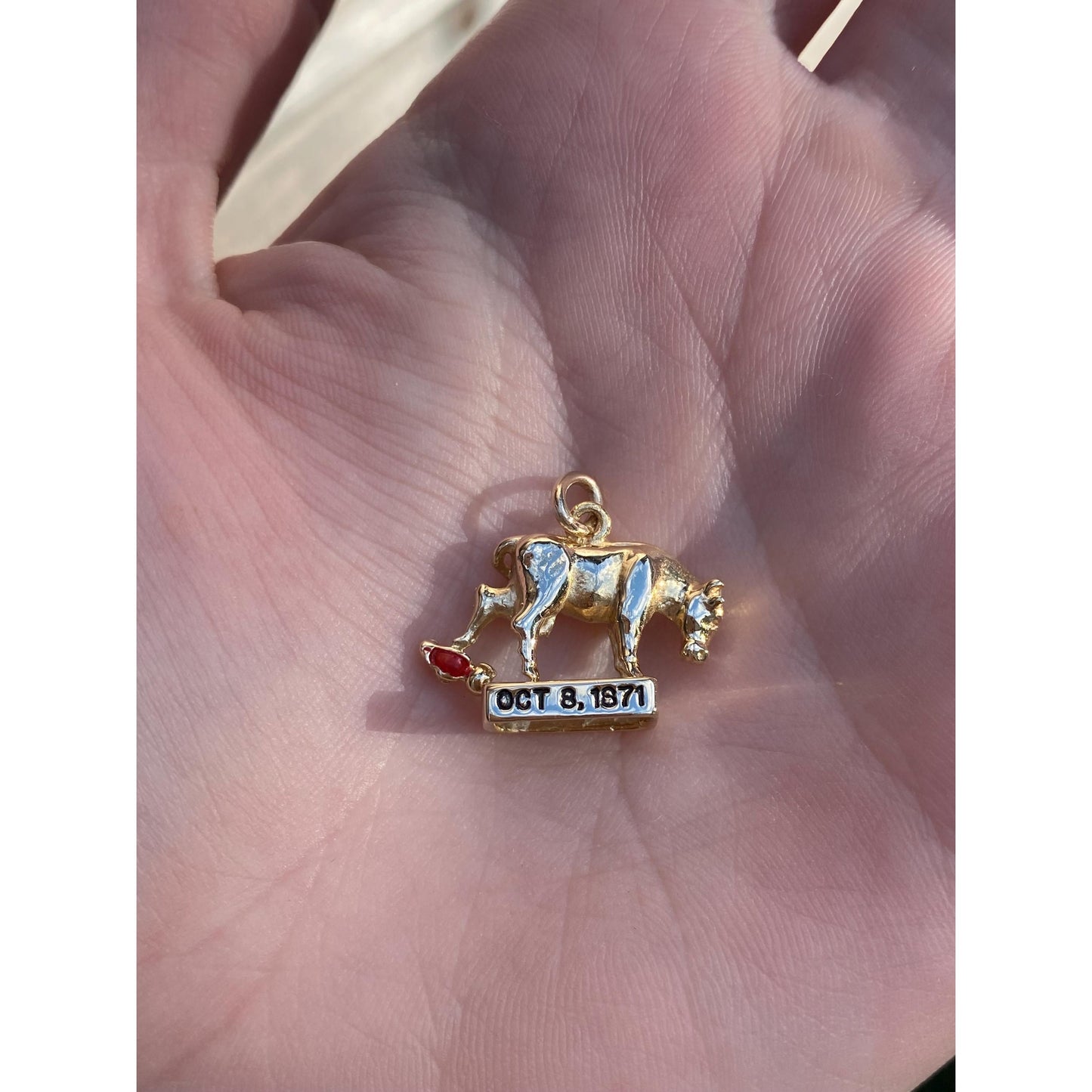 Vintage Solid 14k Yellow Gold Red Enamel Chicago Bull 'Oct. 8, 1871'  Charm