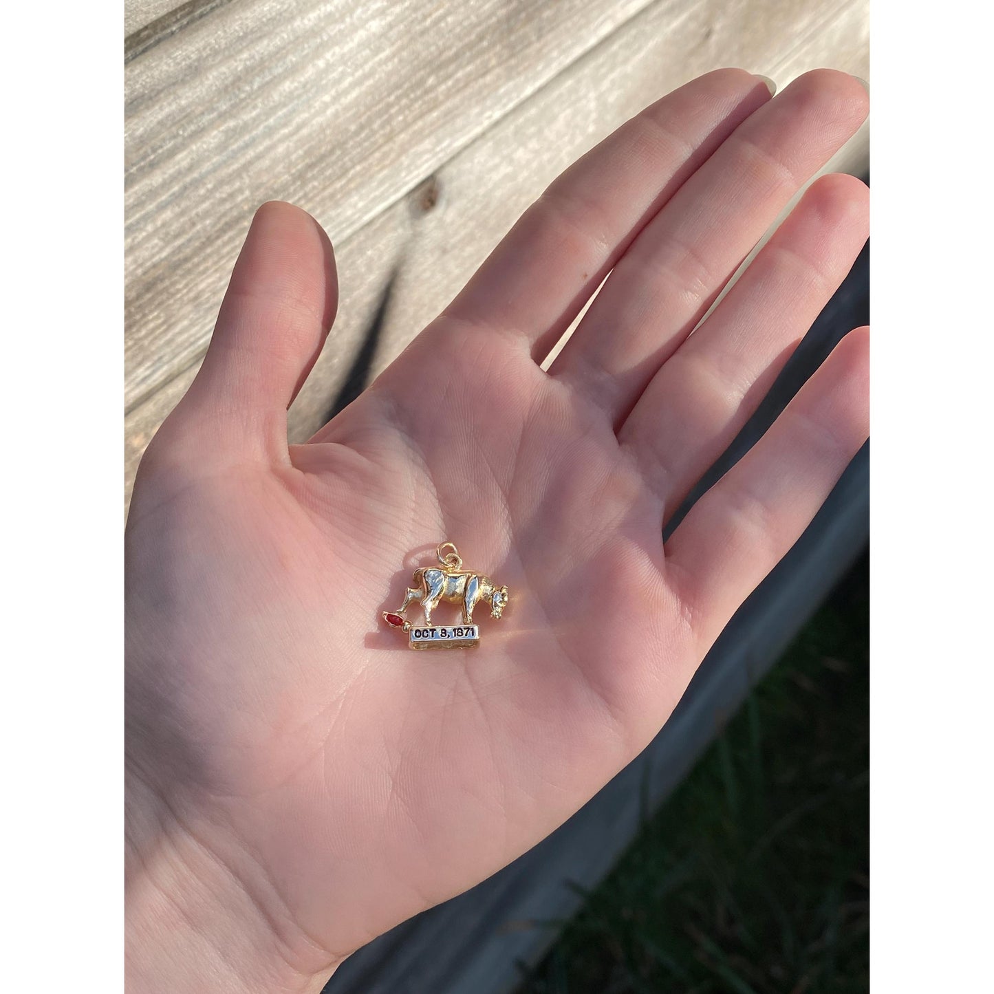 Vintage Solid 14k Yellow Gold Red Enamel Chicago Bull 'Oct. 8, 1871'  Charm