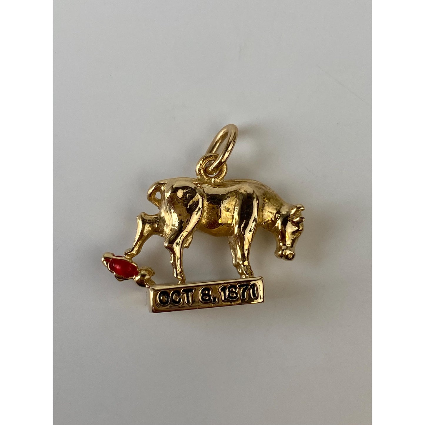 Vintage Solid 14k Yellow Gold Red Enamel Chicago Bull 'Oct. 8, 1871'  Charm