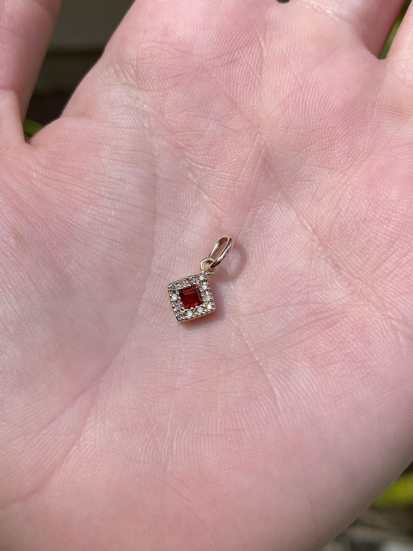 Solid 14k Yellow Gold Little Garnet & Diamond Charm