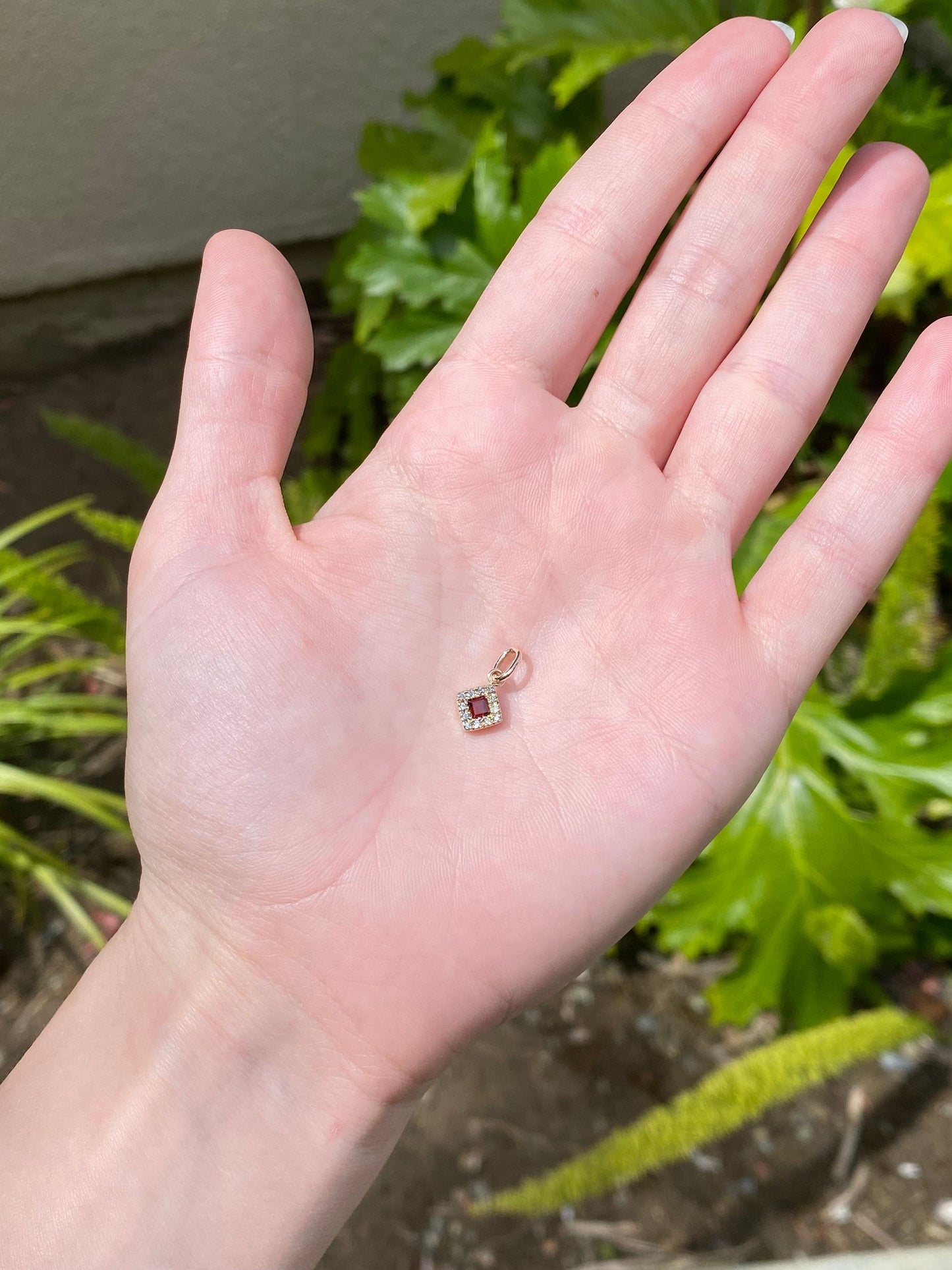 Solid 14k Yellow Gold Little Garnet & Diamond Charm