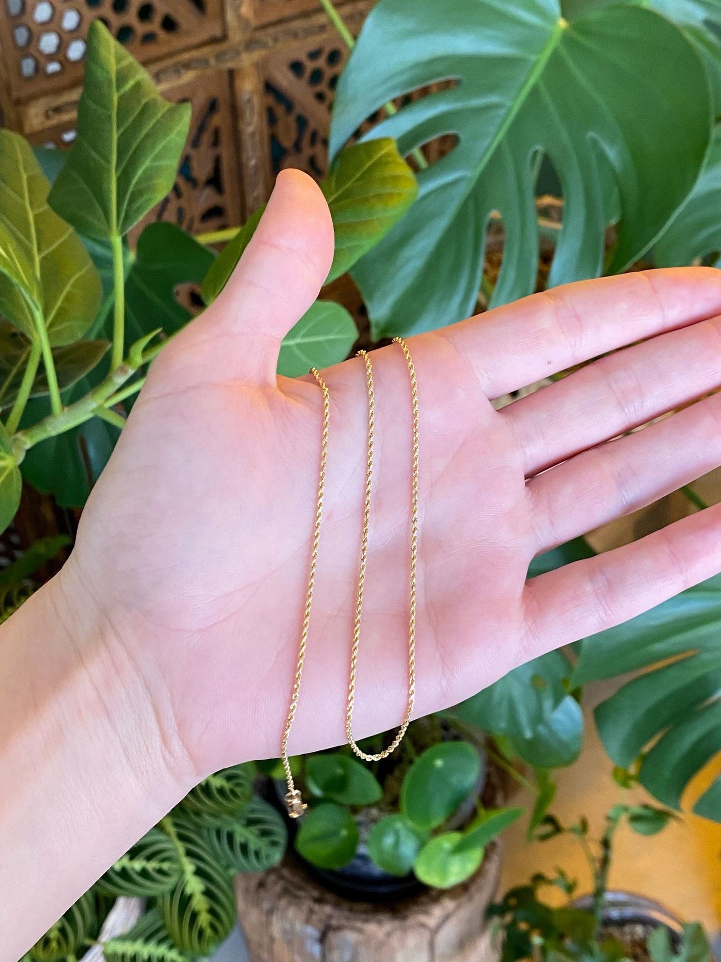 Vintage Solid 14k Yellow Gold Slim Rope Chain Necklace - 16 inches