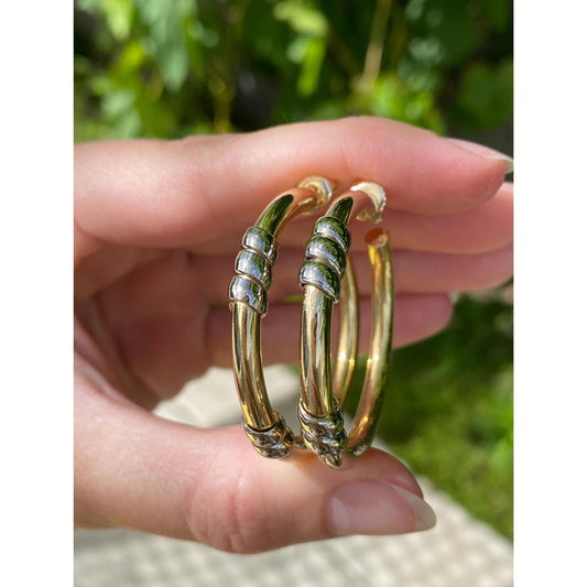Vintage 18k White & Yellow Gold Large Hoop Earrings