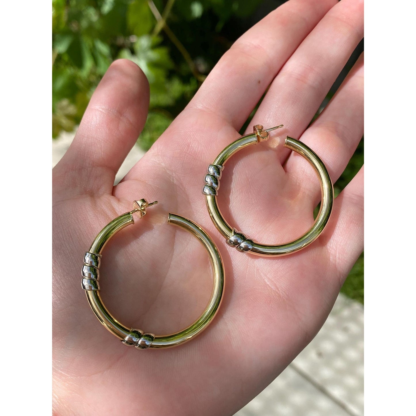Vintage 18k White & Yellow Gold Large Hoop Earrings