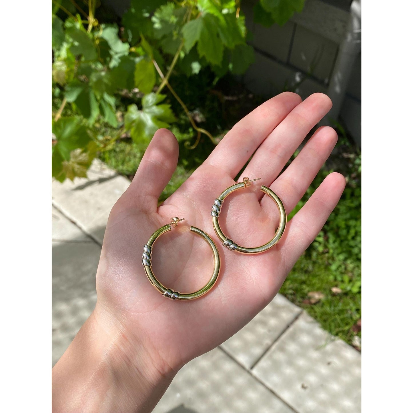 Vintage 18k White & Yellow Gold Large Hoop Earrings