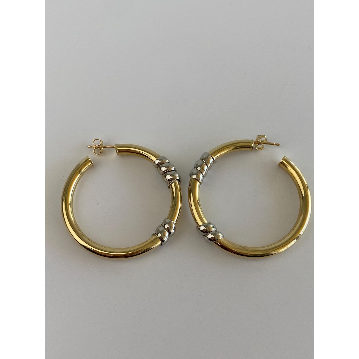 Vintage 18k White & Yellow Gold Large Hoop Earrings