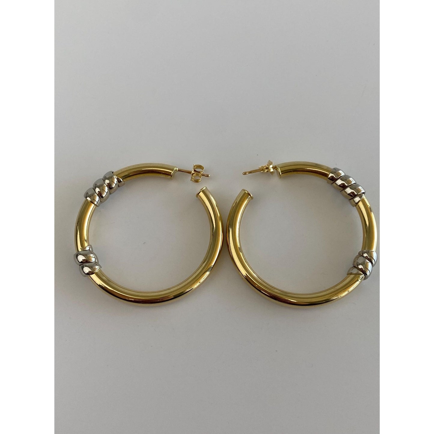 Vintage 18k White & Yellow Gold Large Hoop Earrings