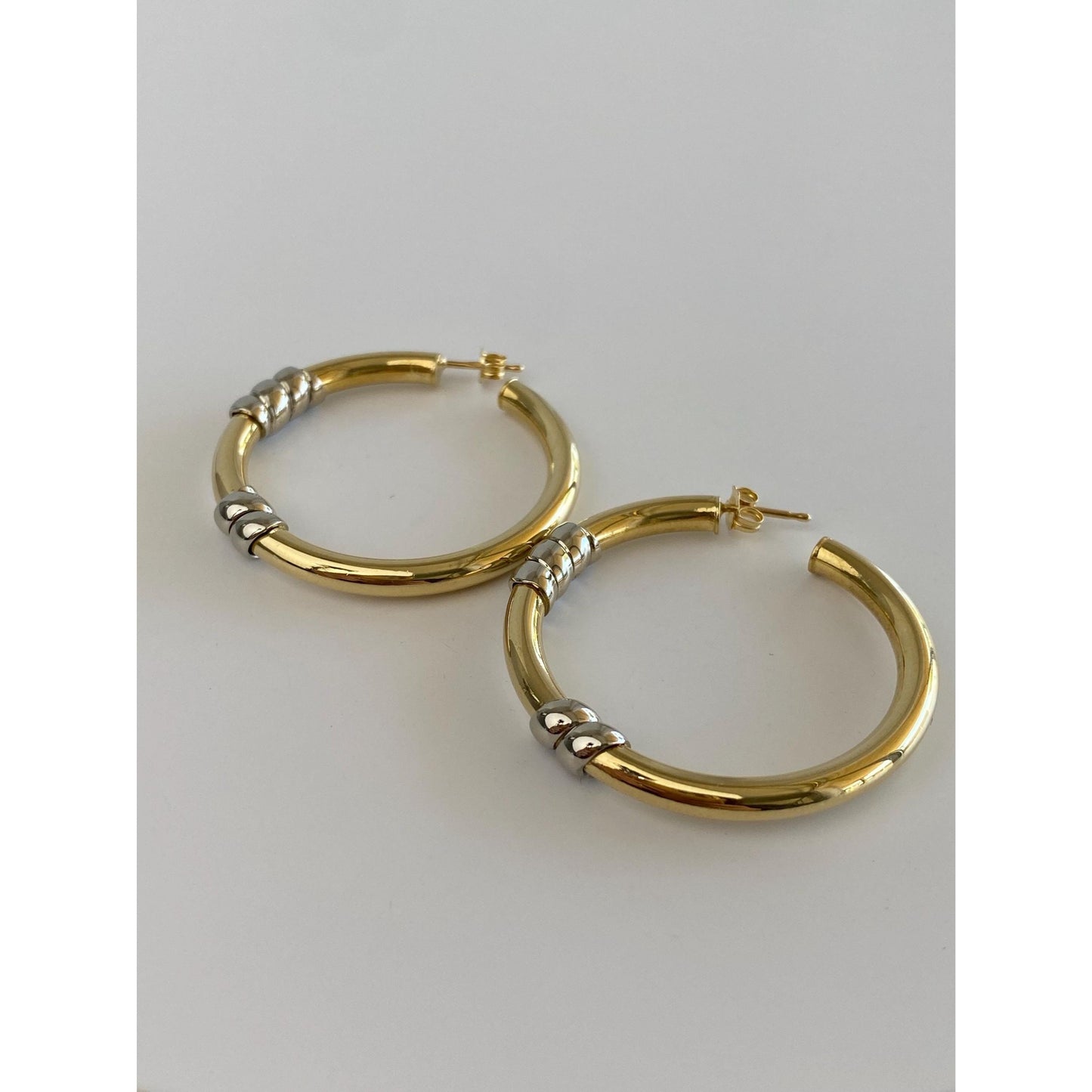 Vintage 18k White & Yellow Gold Large Hoop Earrings