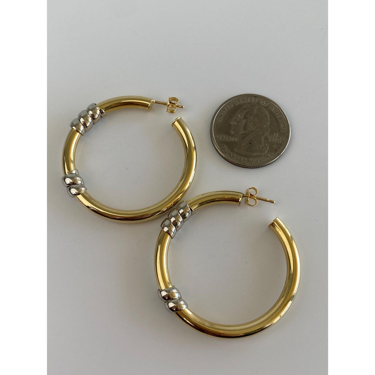 Vintage 18k White & Yellow Gold Large Hoop Earrings