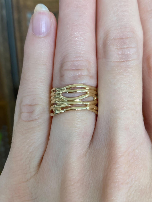 Vintage Solid 14k Yellow Gold Organic Open Work Wavy Ring Band - Size 5.25