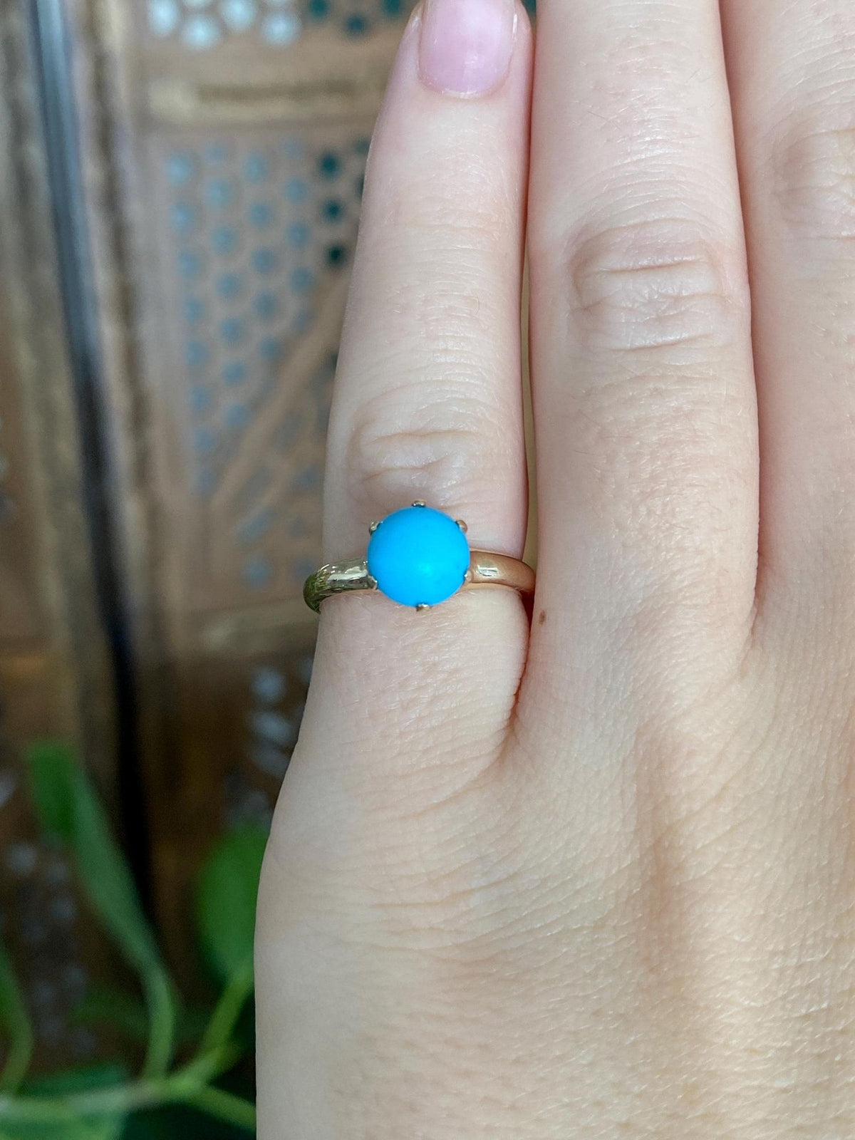 Vintage Solid 14k Yellow Gold Turquoise Ring - Size 4.75