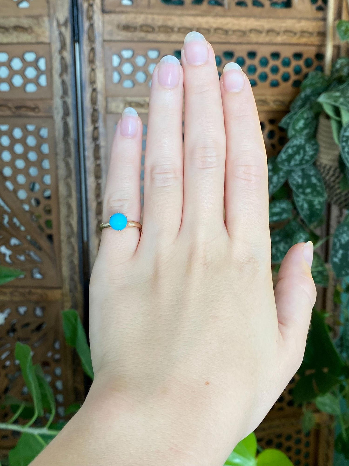 Vintage Solid 14k Yellow Gold Turquoise Ring - Size 4.75