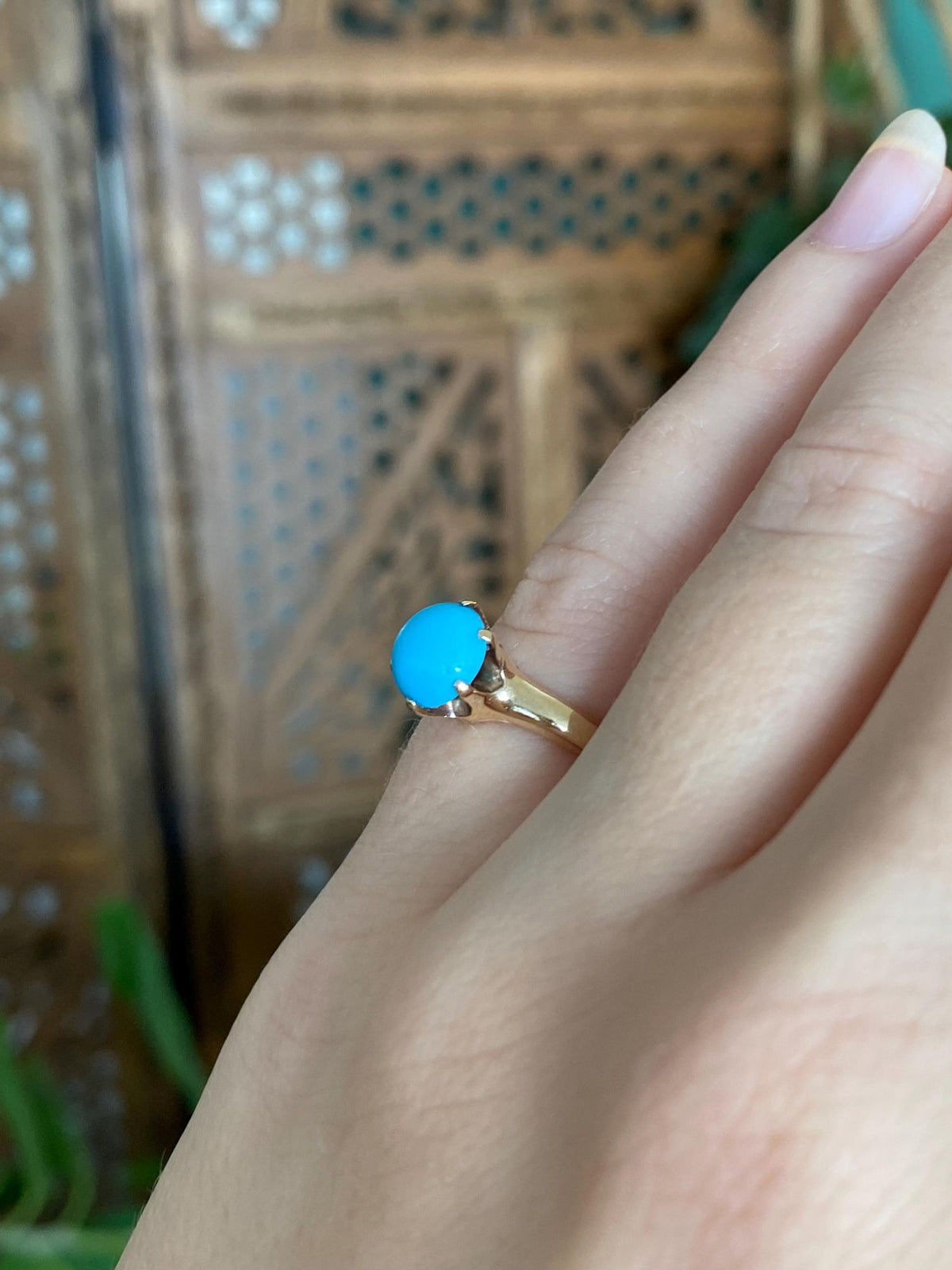 Vintage Solid 14k Yellow Gold Turquoise Ring - Size 4.75
