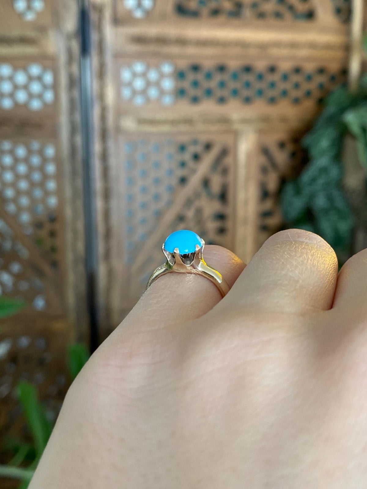 Vintage Solid 14k Yellow Gold Turquoise Ring - Size 4.75