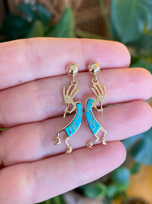 Vintage Solid 14k Yellow Gold Turquoise Inlay Kokopeli Dangle Stud Earrings