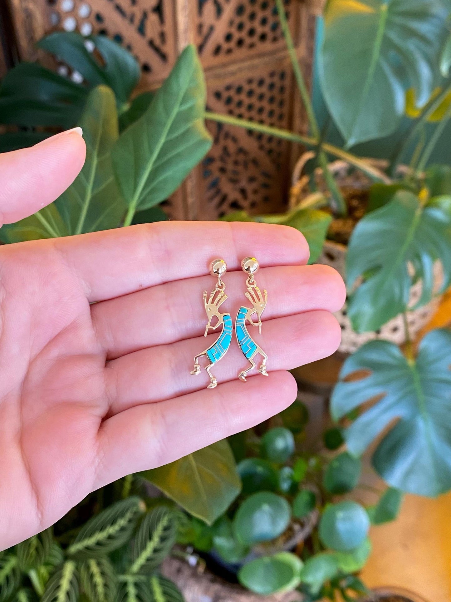 Vintage Solid 14k Yellow Gold Turquoise Inlay Kokopeli Dangle Stud Earrings