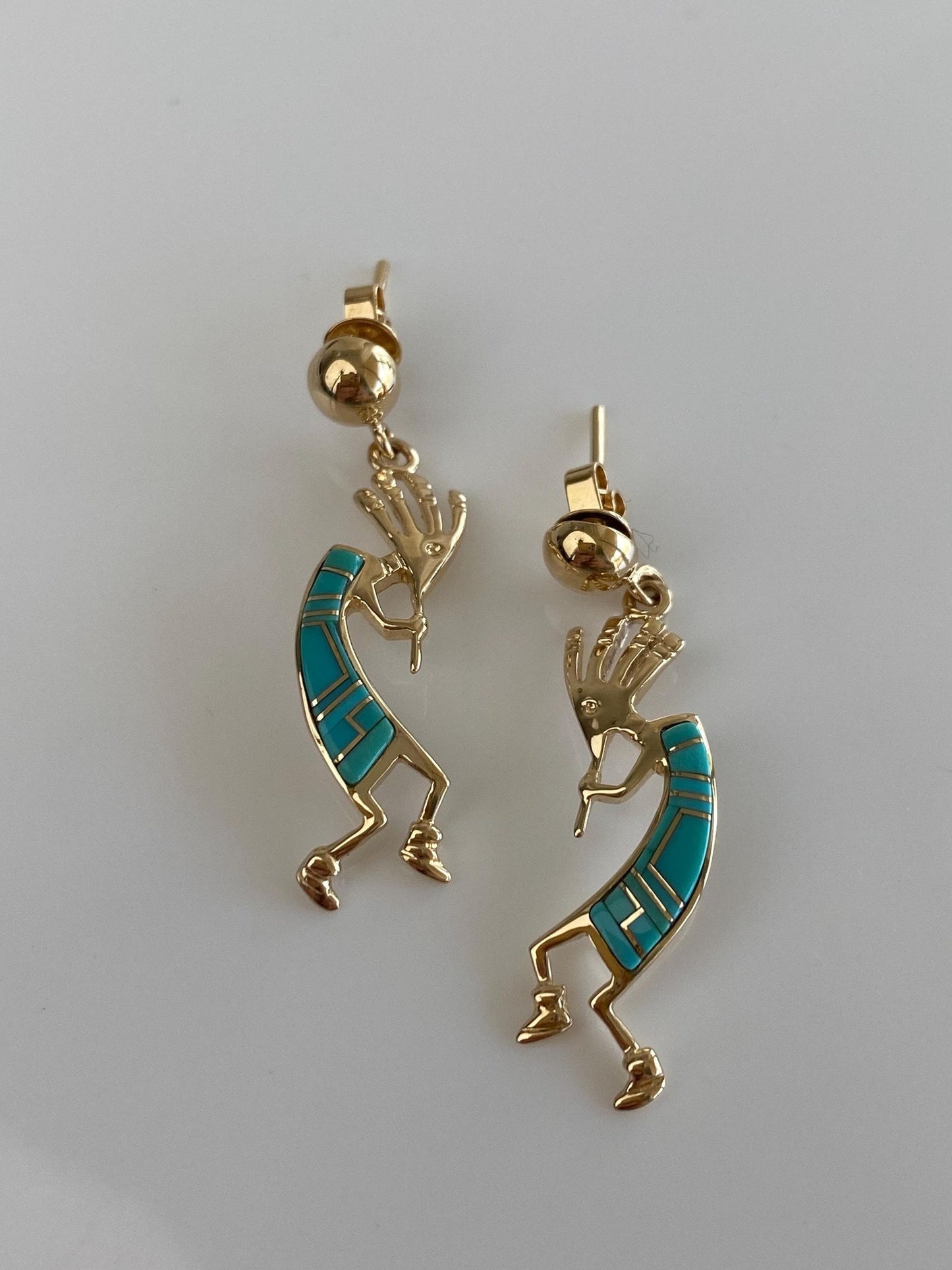 Vintage Solid 14k Yellow Gold Turquoise Inlay Kokopeli Dangle Stud Earrings