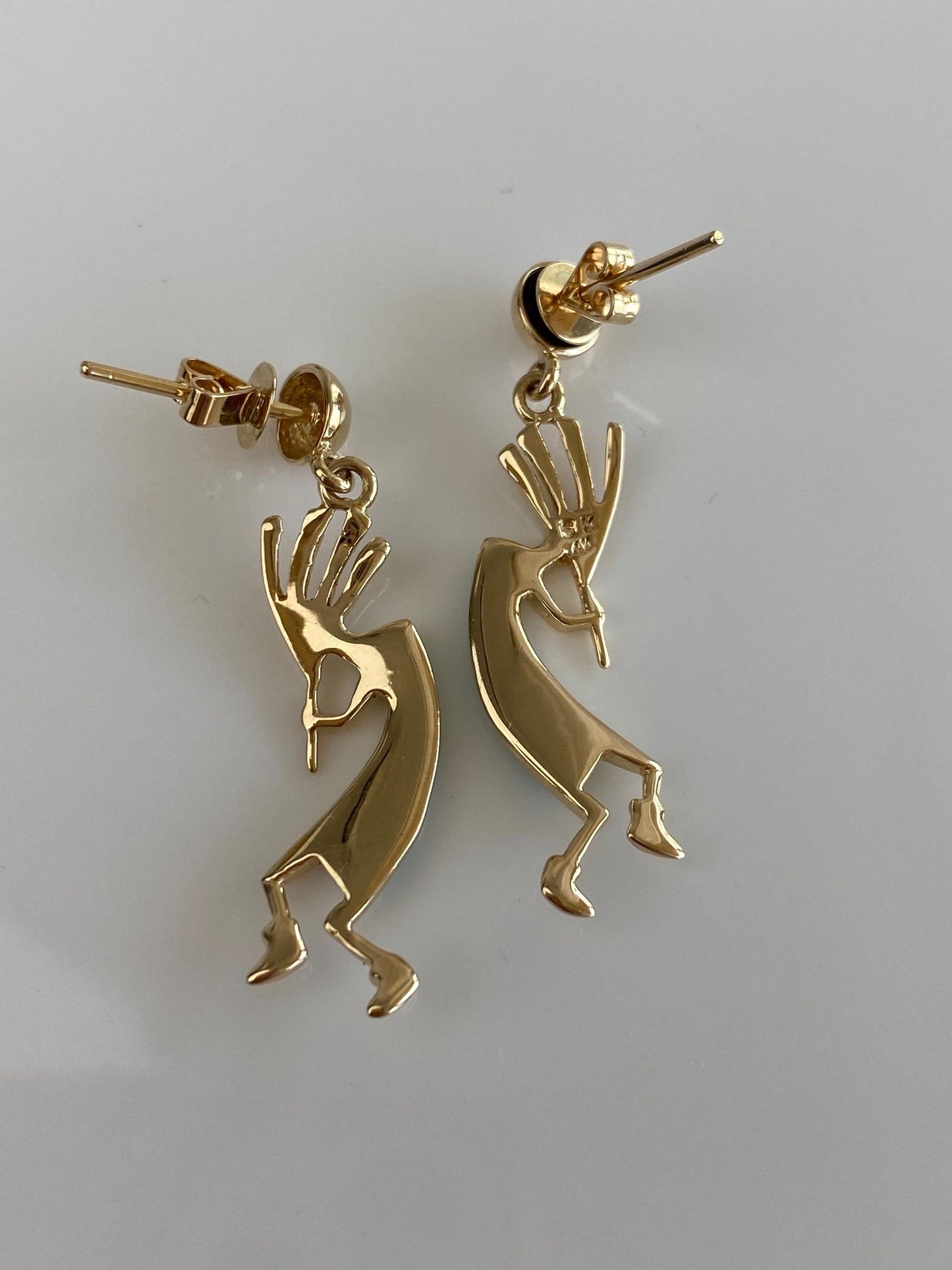 Vintage Solid 14k Yellow Gold Turquoise Inlay Kokopeli Dangle Stud Earrings