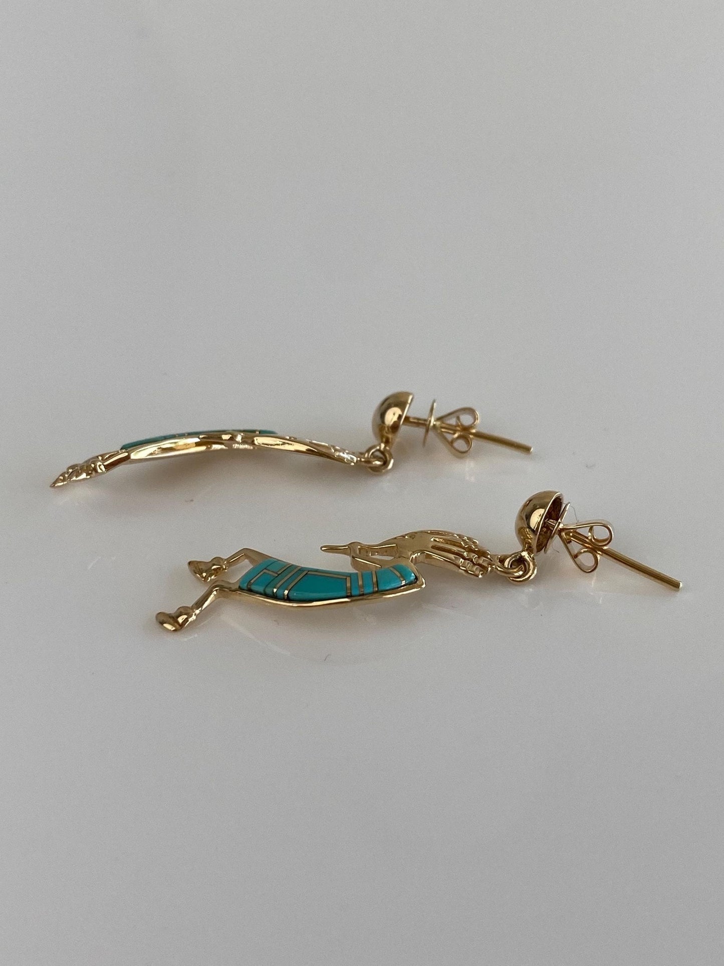 Vintage Solid 14k Yellow Gold Turquoise Inlay Kokopeli Dangle Stud Earrings