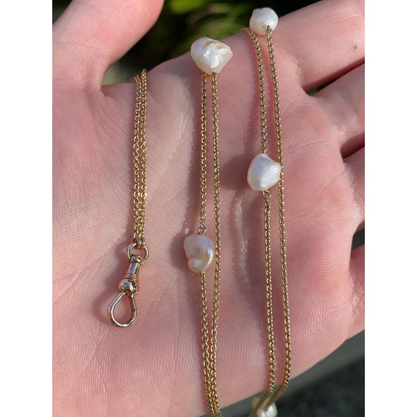 Vintage Solid 14k Yellow Gold Long Pearl Tight Cable Chain Charm Holder Necklace - 52 inches