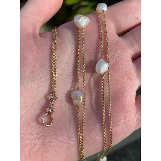 Vintage Solid 14k Yellow Gold Long Pearl Tight Cable Chain Charm Holder Necklace - 52 inches