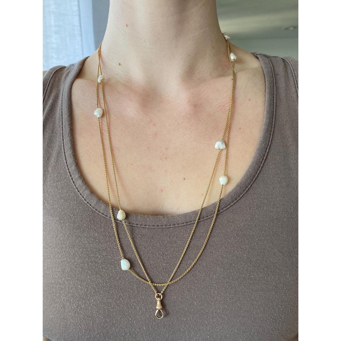 Vintage Solid 14k Yellow Gold Long Pearl Tight Cable Chain Charm Holder Necklace - 52 inches