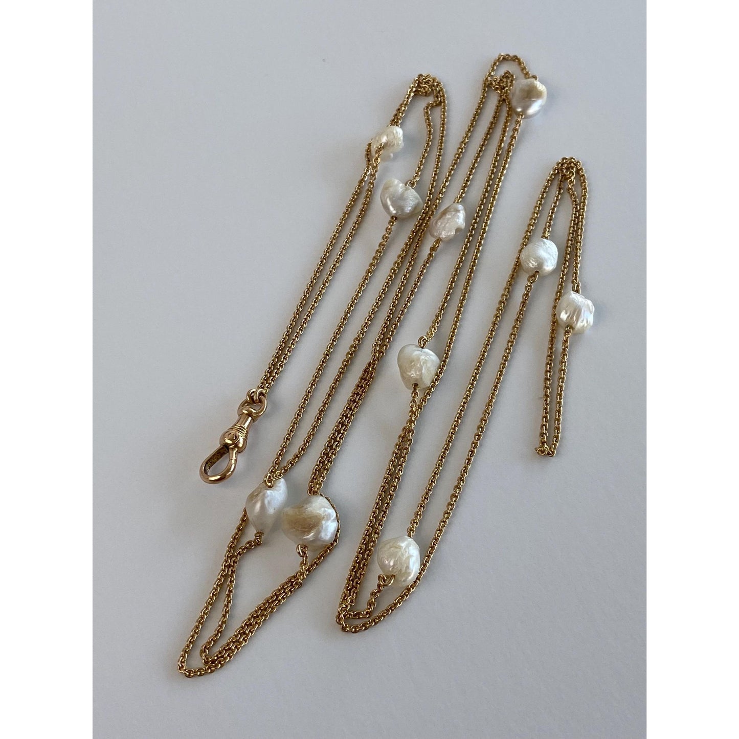 Vintage Solid 14k Yellow Gold Long Pearl Tight Cable Chain Charm Holder Necklace - 52 inches