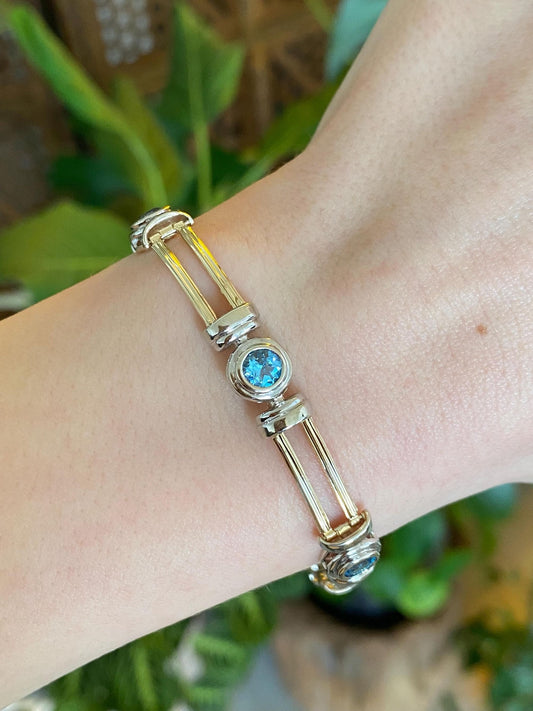 Vintage Solid 14k White & Yellow Gold Topaz Link Bracelet - 7 inches