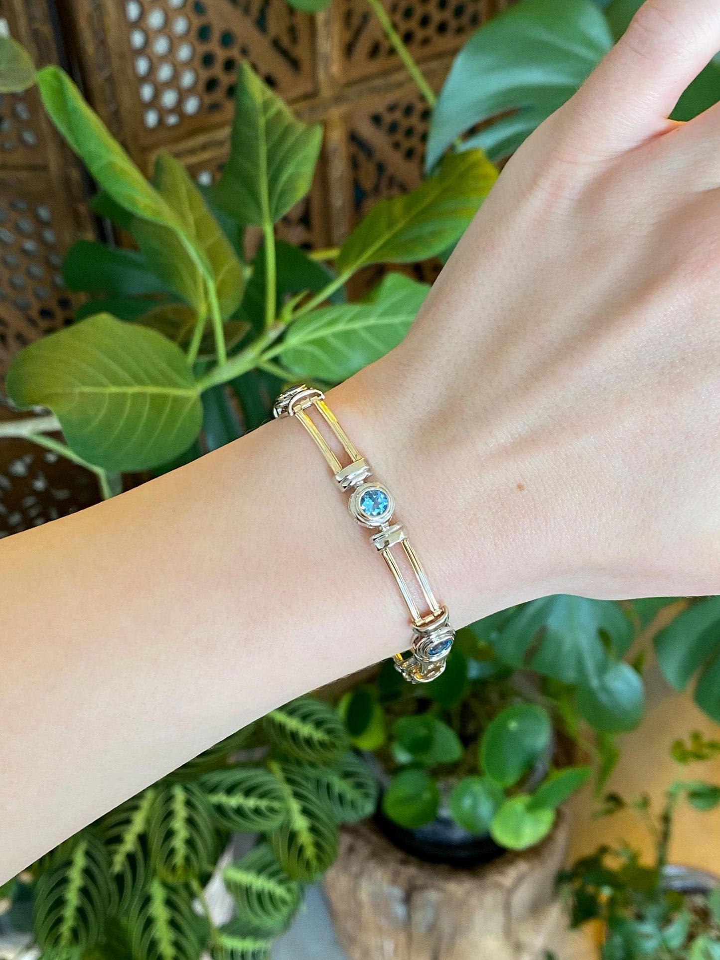 Vintage Solid 14k White & Yellow Gold Topaz Link Bracelet - 7 inches