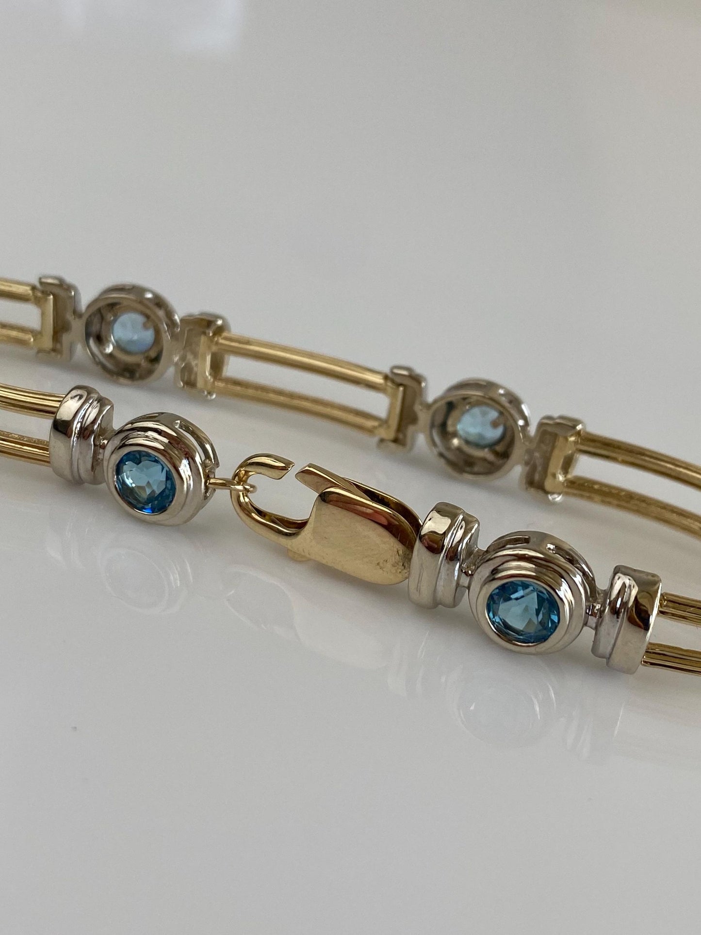 Vintage Solid 14k White & Yellow Gold Topaz Link Bracelet - 7 inches