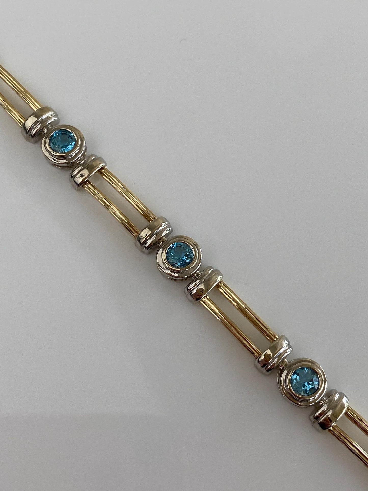 Vintage Solid 14k White & Yellow Gold Topaz Link Bracelet - 7 inches